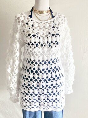 Vintage 70s Handmade Crochet Tunic Sweater White Size XS/S
